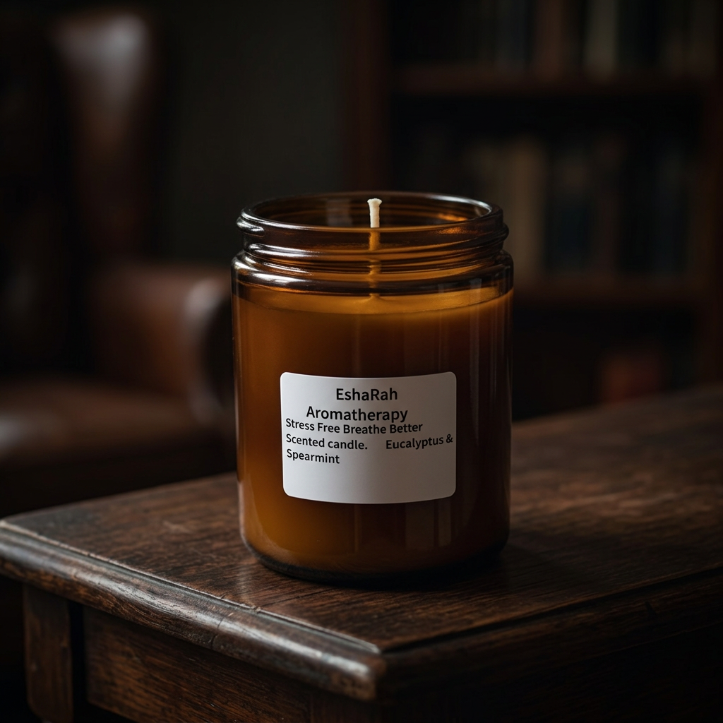 AI-styled scene of an unlit EshaRah aromatherapy candle in an amber jar on a wooden table in a dim room.
