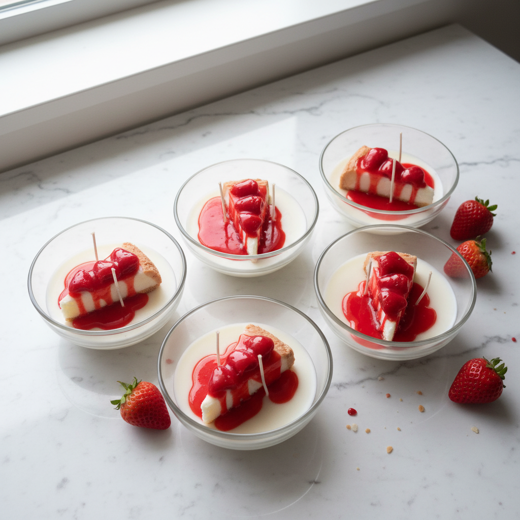 Strawberry Cheesecake Candles Flat Lay – White Marble