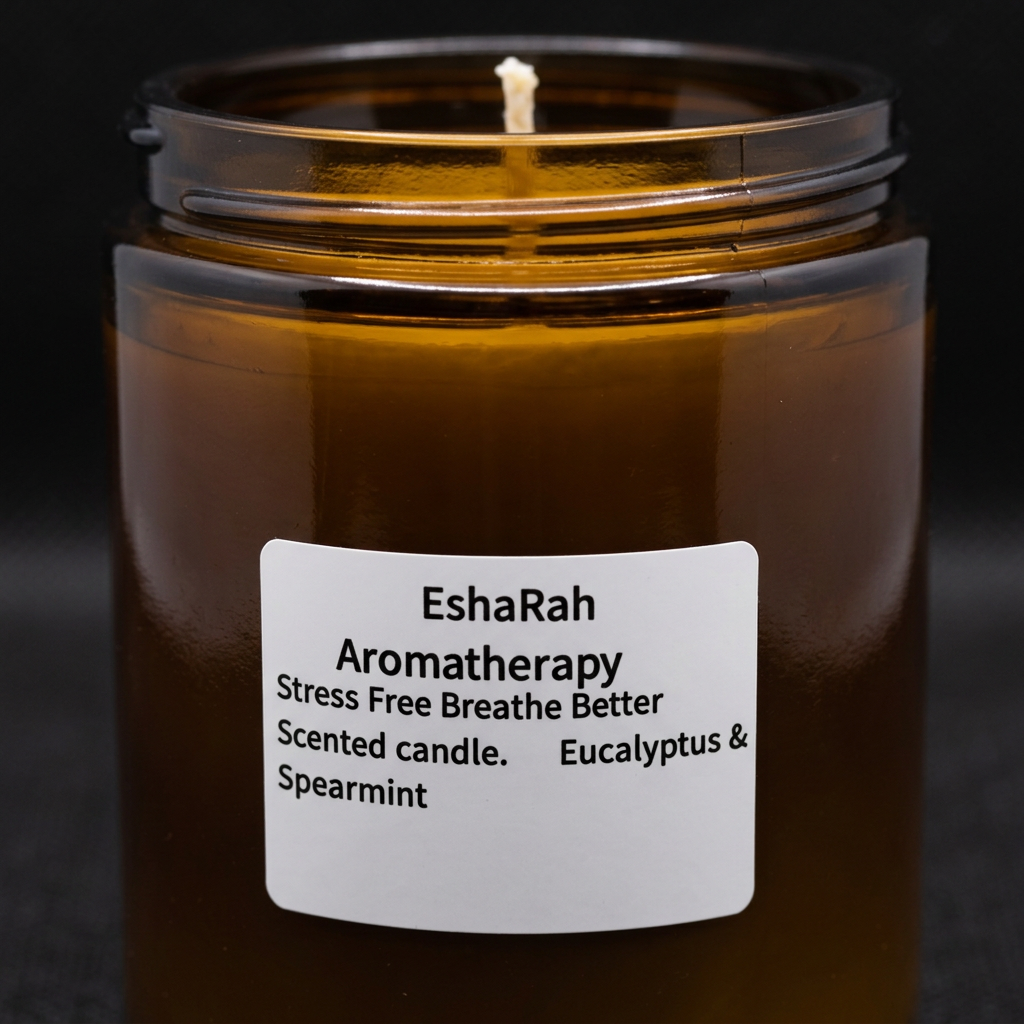 AI-styled close-up of an unlit EshaRah candle showing its amber jar, wick and white eucalyptus-and-spearmint label.